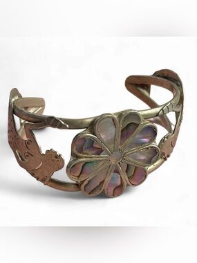 Very Small Vintage Mexican Alpaca Silver Mermaid & Abalone Cuff Bracelet